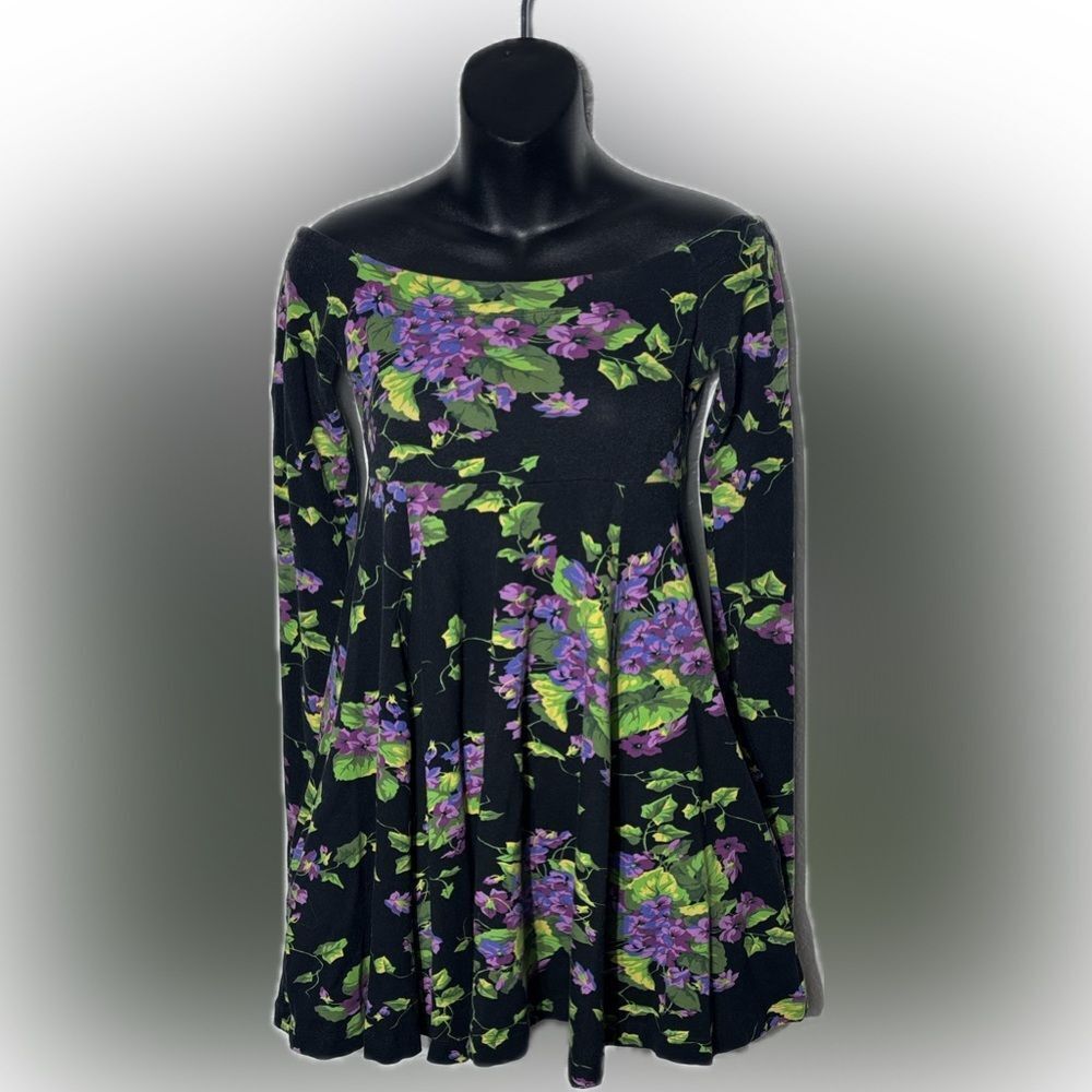 Betsey Johnson punk label 1980s dress off shoulder babydoll floral mini